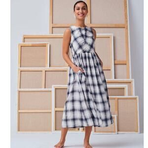 Mii Collection The Ilana Dress Gray Plaid Sleeveless Midi Dress Fusain Cotton